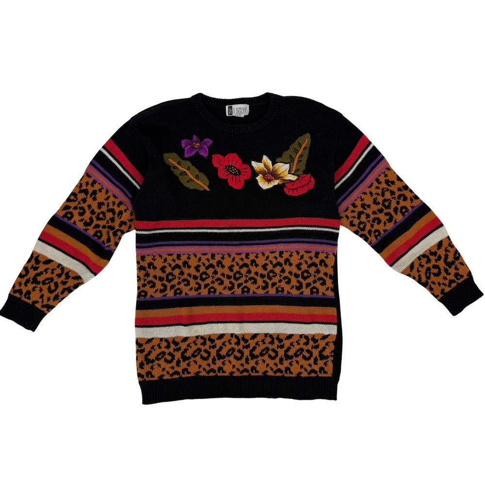 Vintage SK Company Sweater Women's Black Floral Leopard Print Striped Knit Large